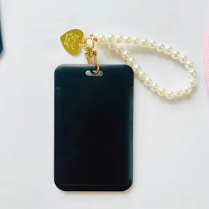Pure Color Push-Pull Card Holder with Pearl Chain and Heart Charm, and, Student ID and Bus Pass Protector, Campus Card Case
