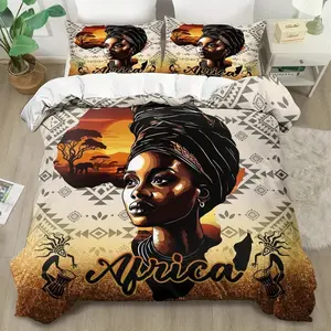 3-Piece Vibrant African Women Art Bedding Set, Polyester Material, Colorful Traditional Print, Ideal for Bedroom & Outdoor