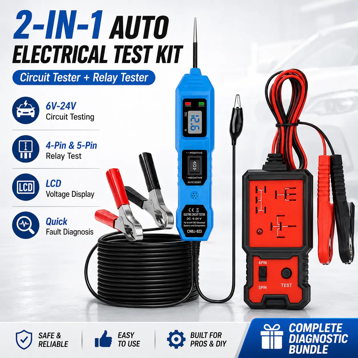 2-in-1 Automotive Electrical Test Kit, 6V-24V Circuit Tester with LCD Display and 4-Pin 5-Pin Relay Tester for Car Electrical Diagnostics