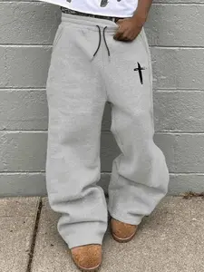 2026 Trend Men's Heather Grey Baggy Sweatpants - Minimalist Cross Print Oversized Wide Leg Streetwear Pants, Athleisure Pants, Soft Fleece Elastic Waist Trousers for Casual Daily, Skateboarding & Grunge Aesthetic Outfits
