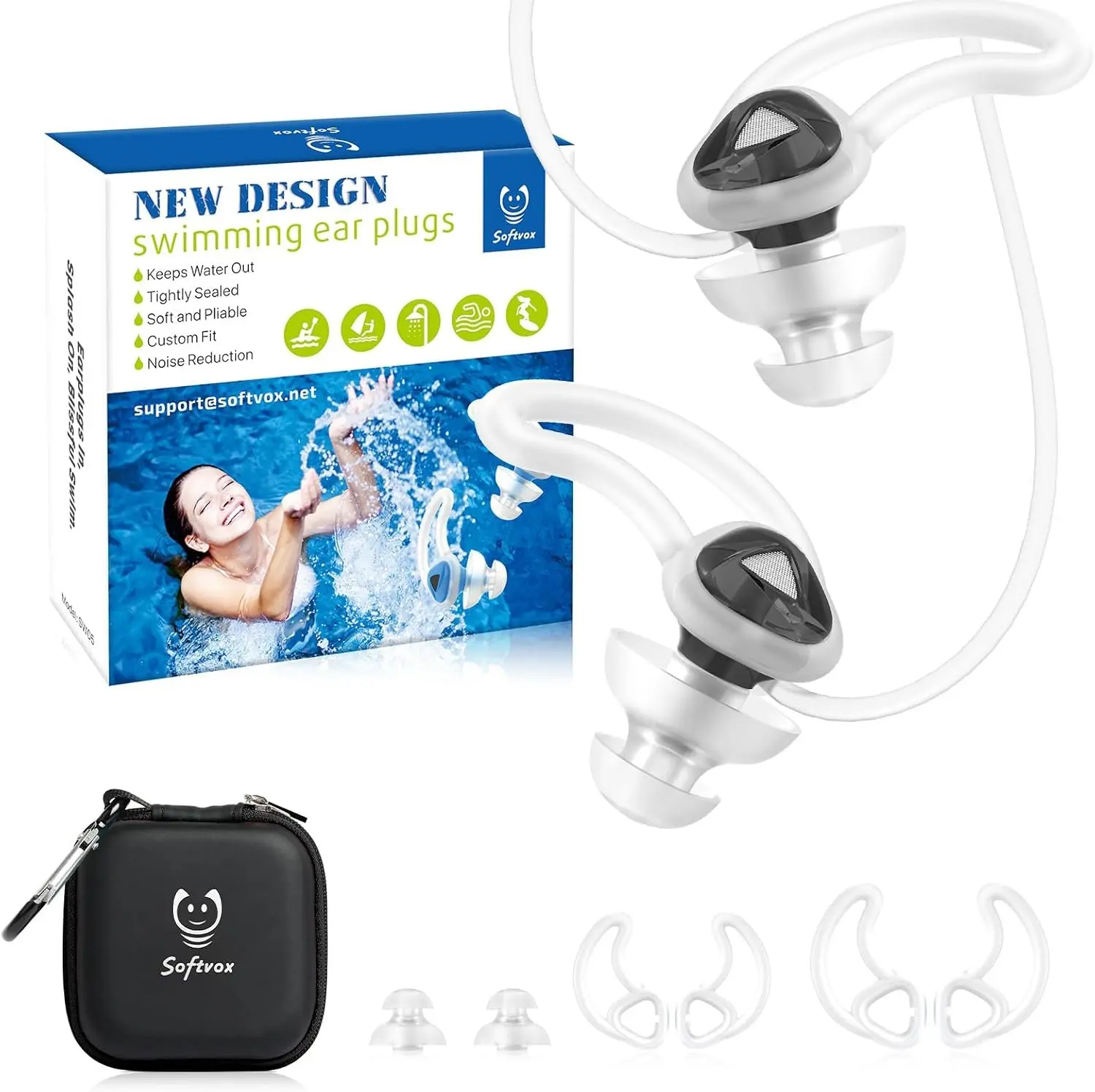 Ear Plugs for Swimming Surfing with Lanyard, Block Out Water Let Sound in, Reusable Comfy Custom-fit Swim Waterproof earplugs Men Women for Swimmer Shower Pool Bath Kayaking Water Sports