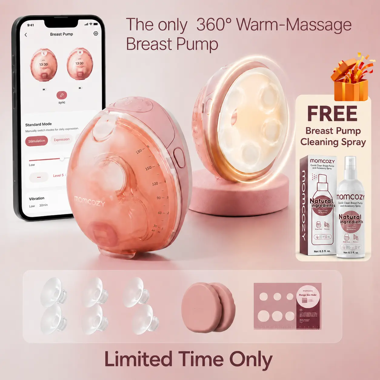 Momcozy Wellness 1 Wearable Breast Pump, Warm-Massage Hands-Free Pump with Heated Flange&Simulated Massage for Comfortable Breastfeeding&Let-Down, App-Controlled, 4 Modes 12 Levels, 180ml/6oz Milk Machine