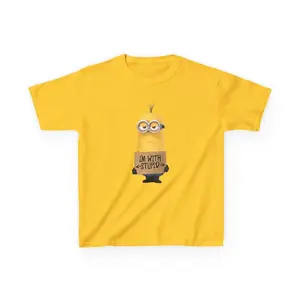 Minion Cartoon Character Holding Funny Im With Silly Sign Kids Tee Graphic Animated Style T-Shirt Unisex #MinionFan #FunnyQuote #KidsTee #FanInspired #GraphicTee #AnimatedStyle #UnisexTee #Streetwear #MemeStyle #TrendingStyle