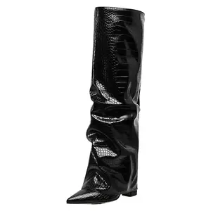 Women's Foldable Boots Knee High Boots Comfortable Wide Width Boots Chunky High Heels Winter Autumn Slip-On Tall Boots Long Boots for Women