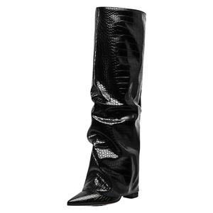 Women's Foldable Boots Knee High Boots Comfortable Wide Width Boots Chunky High Heels Winter Autumn Slip-On Tall Boots Long Boots for Women