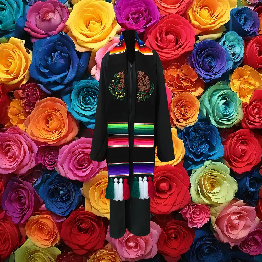 Elegant Unisex Tailor-Made Mexican Eagle Embroidered Graduation Sash-Scarf-Shawl for Class of 2025, Mexico Todo Corazon Sarape Stole with Pompoms, Customized Colleague Gift, All-Season Fashion Accessory (Do Not Wash)