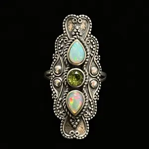 925 Sterling Silver Opal & Peridot Adjustable Statement Ring