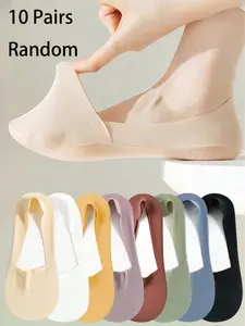 10 Pairs Women's Breathable Thin Invisible Non-Slip Sweat Absorbing Boat Socks, Soft Comfortable Simple Design, Ideal for Daily Wear, Home Office, Sports Travel, Summer Use