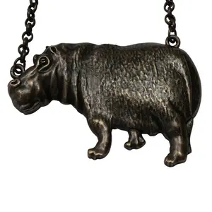 Hot Hippo Necklace Hippopotamus Jungle Jewelry Antique Brass Finish