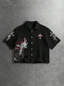 Unisex Black Gothic Cross Print Cropped Short Sleeve Shirt | Y2K Dark Streetwear Casual Top