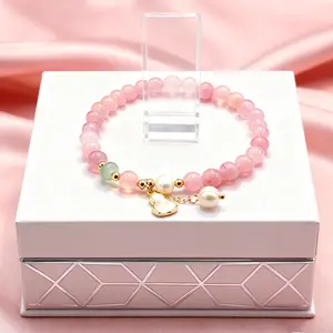 Pink Gemstone Beaded Bracelet with Pearl & Calabash Charm  Green Accent Gold-Tone Jewelry Elegant Adjustable Bracelet for Daily Wear & Gifts