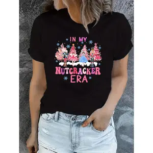 Festive Nutcracker Print Short Sleeve Crew Neck T Shirt Casual Top Perfect for Summer and Spring