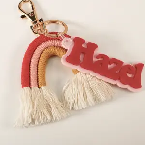 Pink and Red Rainbow Backpack Tag with an Acrylic Name Charm, Macrame Rainbow Keychain with Tag, Back to School Supplies for Kids