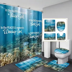 Blue Sea Blessing Word Insulated Home Decor Curtain Set, Waterproof Floral Shower Curtain with Hooks, Non-Slip Bath Mat, Toilet U-Shaped Pad