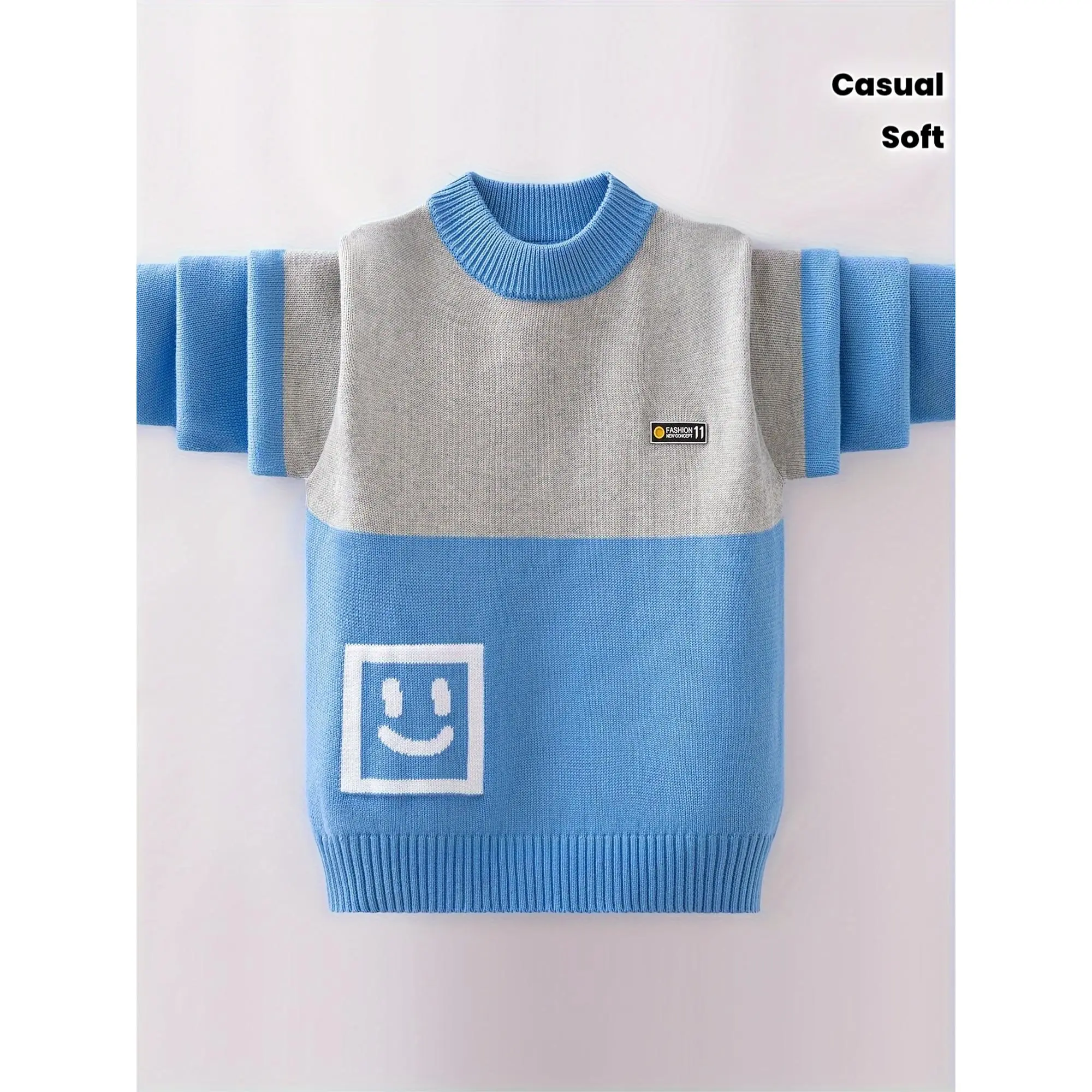 Boys' 100% Cotton Thick Winter Sweater - Soft Stretch Knit Jumper with Grey & Sky Blue Two-Tone Collar, White Square Logo Patch (joyful-like), Casual Crew Neck Long Sleeve Sweater for Ages 3+ (Hand Washable)