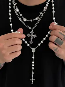 Men's Punk Style Zinc Alloy Cross Pendant Necklace Set, Vintage Faux Pearl Y-Shape Layered Design, Daily Party Wear Jewelry, Pearl Chain Necklace
