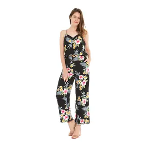 Women's Strap V with Pockets Jumpsuit in Hibiscus Black