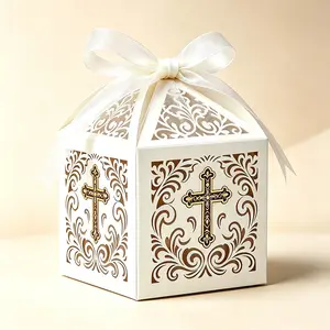 European Style Scroll Cross Candy Box, Embossed Ribbon, Wedding/baptism/eucharist Gift Packaging Box, Elegant Design