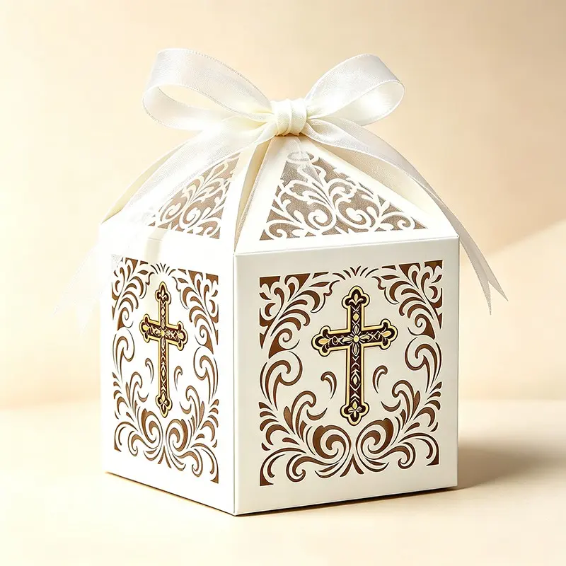 ✝️ Elegant Cross Candy Boxes | Stunning Gold Hollow-Out Favor Boxes for Baptism, Christening & First Communion 🕊️ Holy White Gift Packaging with Silk Ribbon 🎀