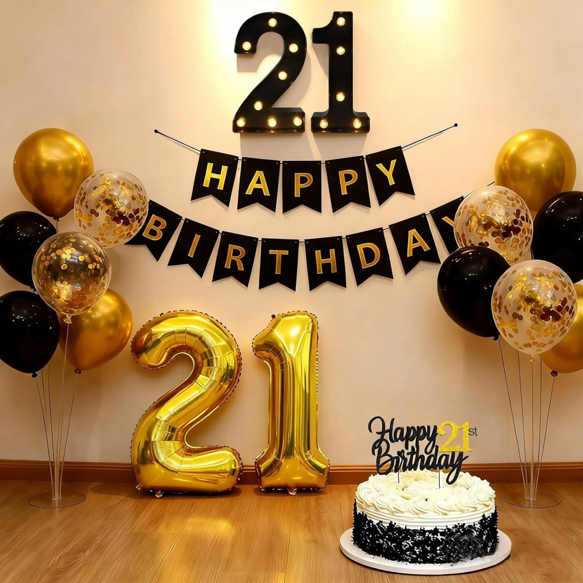 21st Birthday Decorations Gift Set | LED Marquee Light Sign, Metallic Black Gold Party Banner, Balloons, LED Sign Festive Backdrops & Banners for Lighting Up Your Space, Glitter Festive Backdrops & Banners