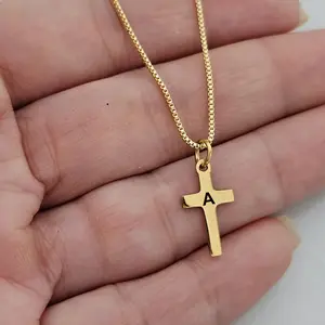Engraved 26 Initial Letter Cross Pendant Necklace For Boys Girls Gold Plated Stainless Steel Children Jewelry