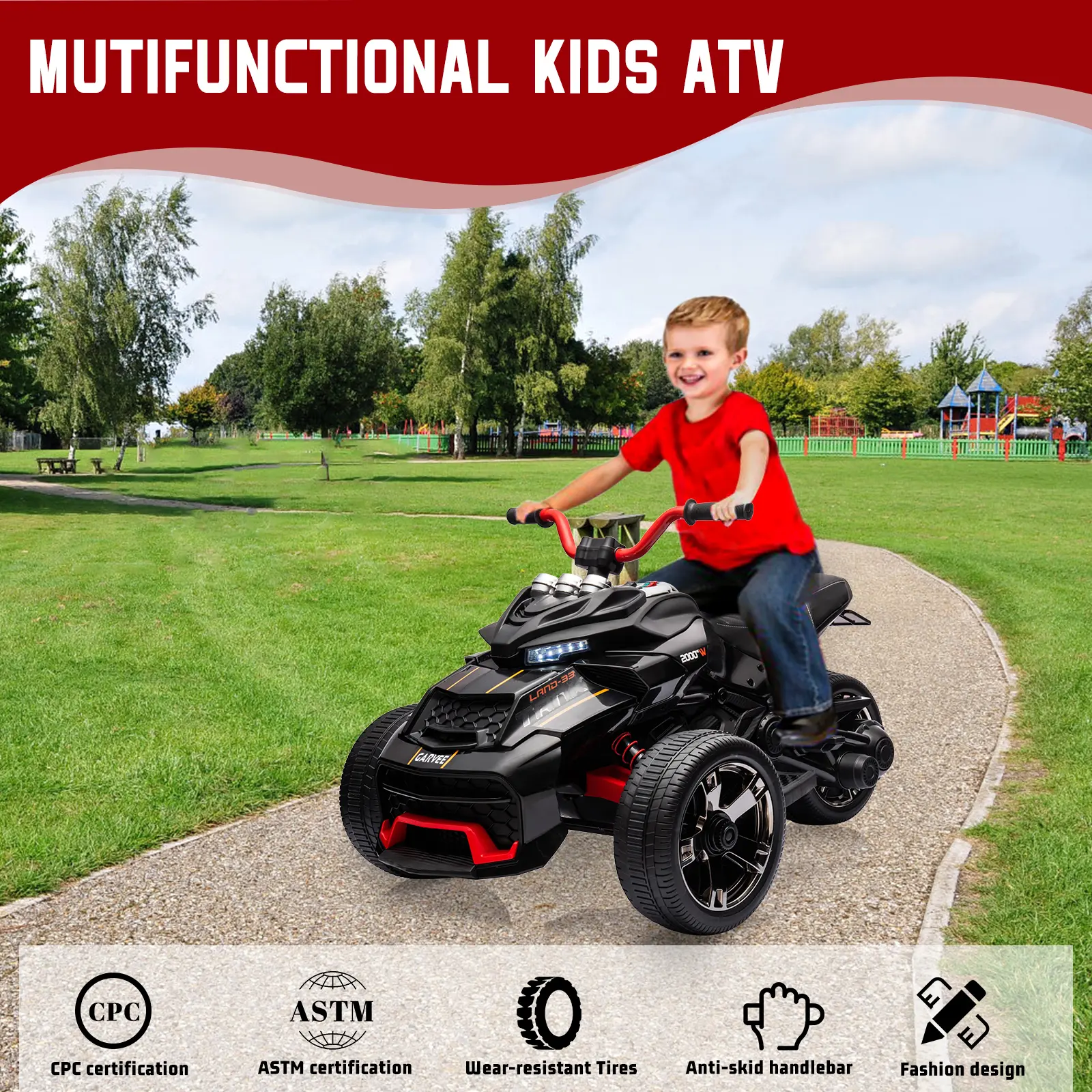 Garvee 12V 3-Wheel Kids Electric Ride-On ATV - Dual 55W Motors, 2 Speeds up to 7MPH, LED Lights, Music, Horn, USB Port, EVA Treaded Tires, Battery Powered Toy for Boys & Girls Ages 3-8