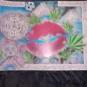 Aztec calendar,redlips,pyramid, blue background.