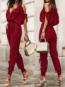 Summer New V Neck Beach Vacation Casual Fitted Ruffled Shoulder Tie Back Women's Jumpsuit, Stylish, Feminine and Comfortable One-Piece Womenswear