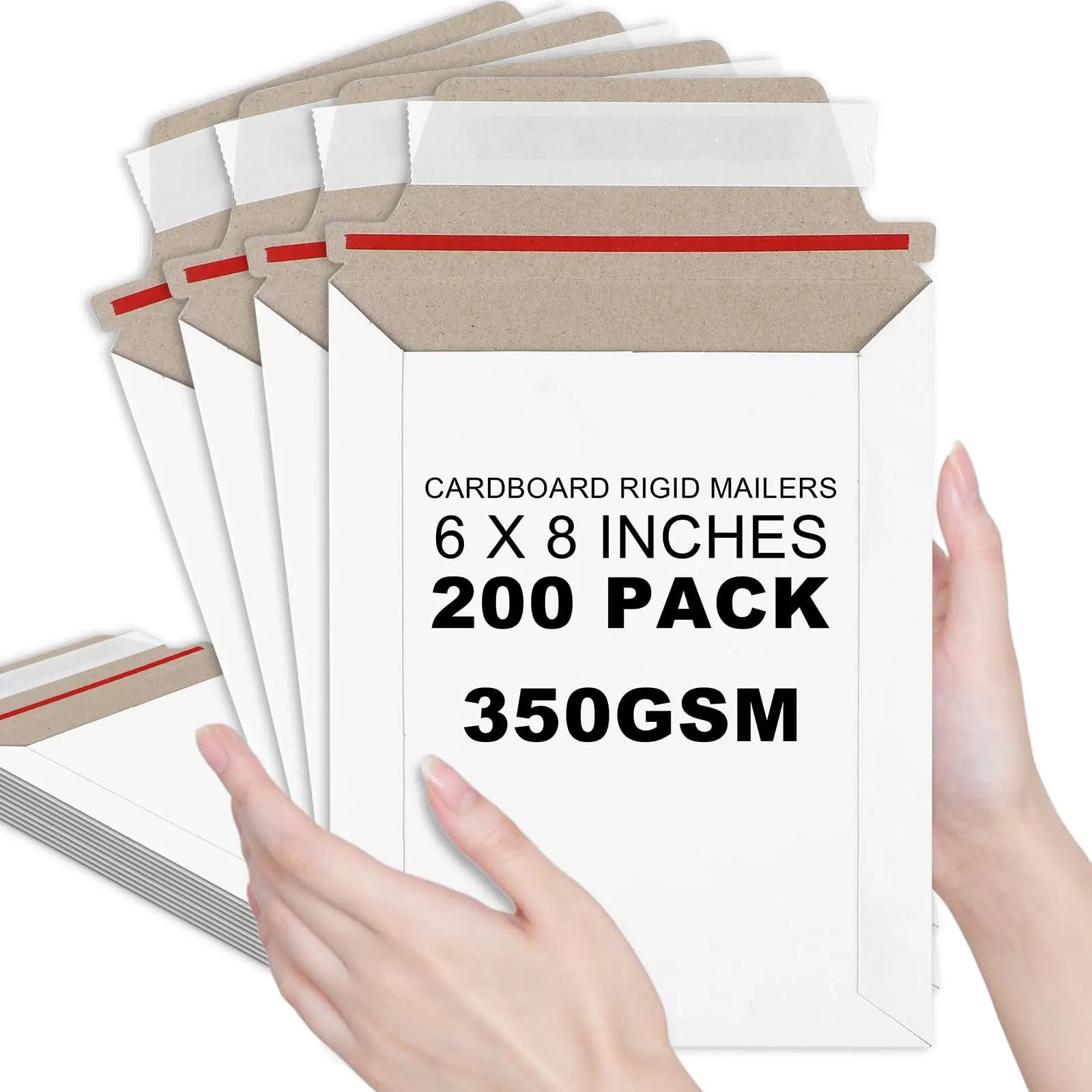 200-Pack 6x8 Inches 350gsm Paper Self-Seal Envelopes, Lightweight Rigid Self-Adhesive Easy-Peel Stay-Flat Cardboard Mailers for Art Prints, CDS, Home Use, Online Stores Shipping Supplies