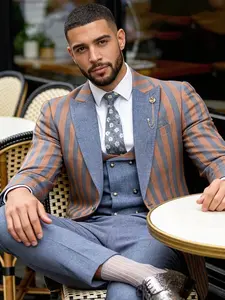Men's Striped Suit Three-Piece Set, Business Formal Wear, Slim Fit, Party Style, Essential for Events, No Tie Included