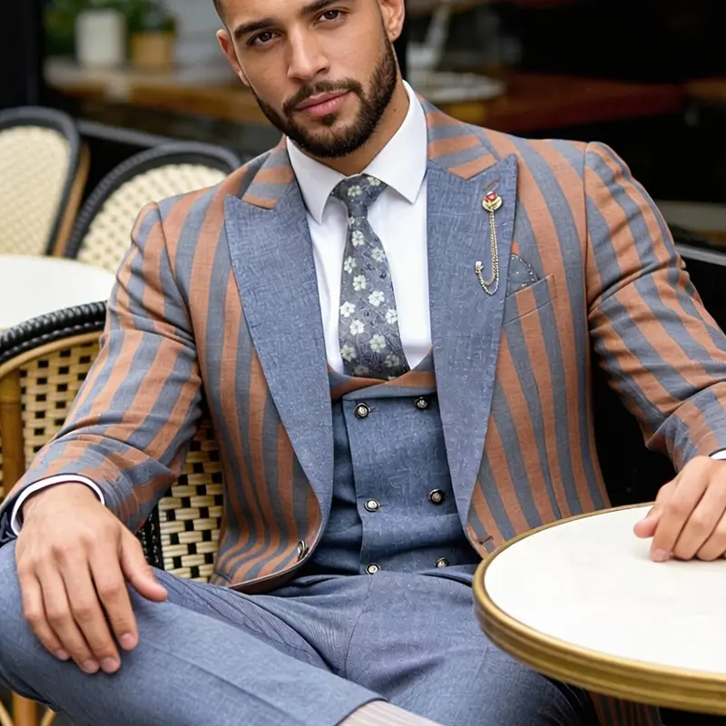 Men's Striped Suit Three-Piece Set, Prom Suit, Business Suits, Business Formal Wear, Formal Business Attire, Business Work Clothes, Slim Fit, Party Style, Essential for Events, No Tie Included