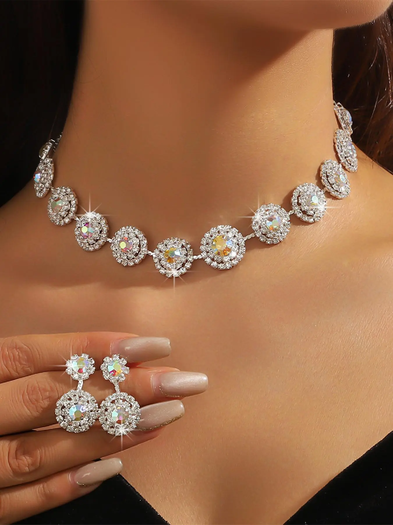 Elegant Rhinestone Decorated Jewelry Set, Fashion Necklace & Dangle Earrings for Party, Daily Clothing Decor, Trendy All-match & Exquisite Jewelry for Birthday Gift, Jewellery Gift Set, Fashionable Matching Jewelry Set, Necklaces Earrings Set