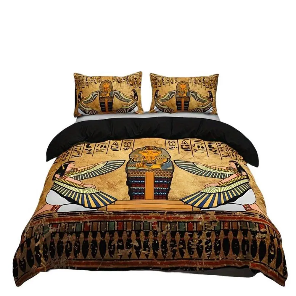 Ancient Egyptian Art Bedding Set, 3-Piece Sheet and Pillowcase, Vibrant Hieroglyphics & Pharaoh Design, All-Season Comfort