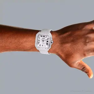 Men's Iced Out Square Roman Dial Gold Plated Stainless Steel Automatic Mechanical Bust Down Watch with VVS Simulated Diamond CZ