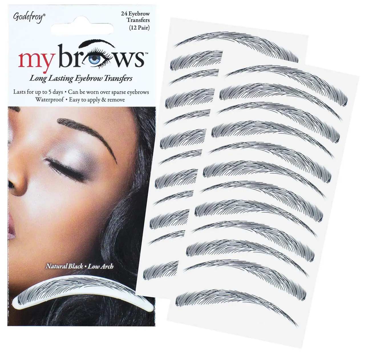 Godefroy MyBrows Long Lasting Cosmetic Eyebrow Transfers - Low Arch, Natural Black, Waterproof, 12-Pairs, Makeup Eyebrow Product