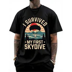 I survived my first skydive! Retro-style parachute graphic T-shirt | Casual everyday wear, black, crew neck, short sleeves, suitable for all seasons, slim fit, unisex cycling apparel.