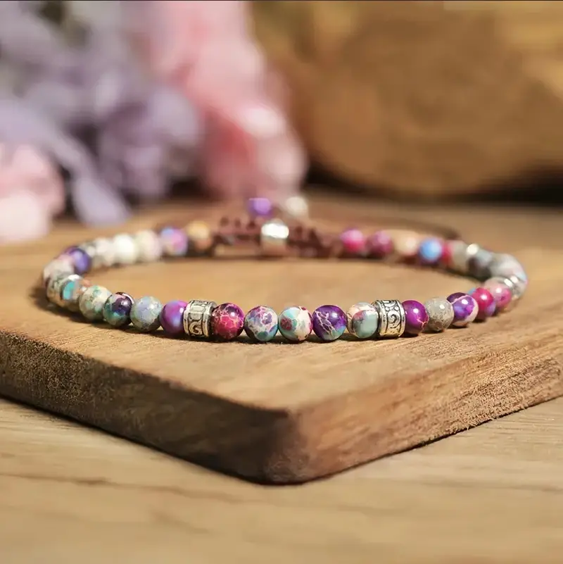 Women's Natural Galaxy Sea Sediment Jasper Braided Bracelet, Semiprecious Stone Friendship Bracelet for Yoga Healing, Friendship Bracelets