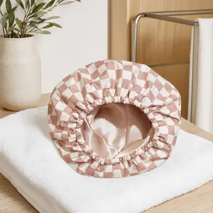 Adjustable Waterproof Shower Cap - Double-Layer Hair Protection Cap for Women, Curly Hair, and Braids - Stylish Checkered Design, Reusable & Quick-Drying
