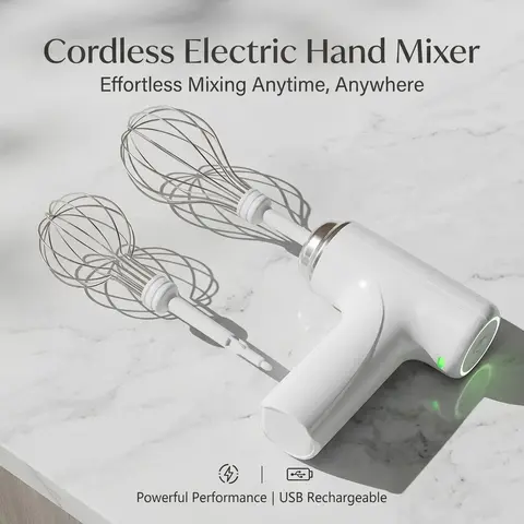 GMOX Cordless Rechargeable Hand Mixer - Lithium Battery, 3 Levels Speed, 2 Detachable Mixing Whisks, Lightweight Portable Kitchen Mixing Tool, Personal Mixer for Office Presentation Supplies