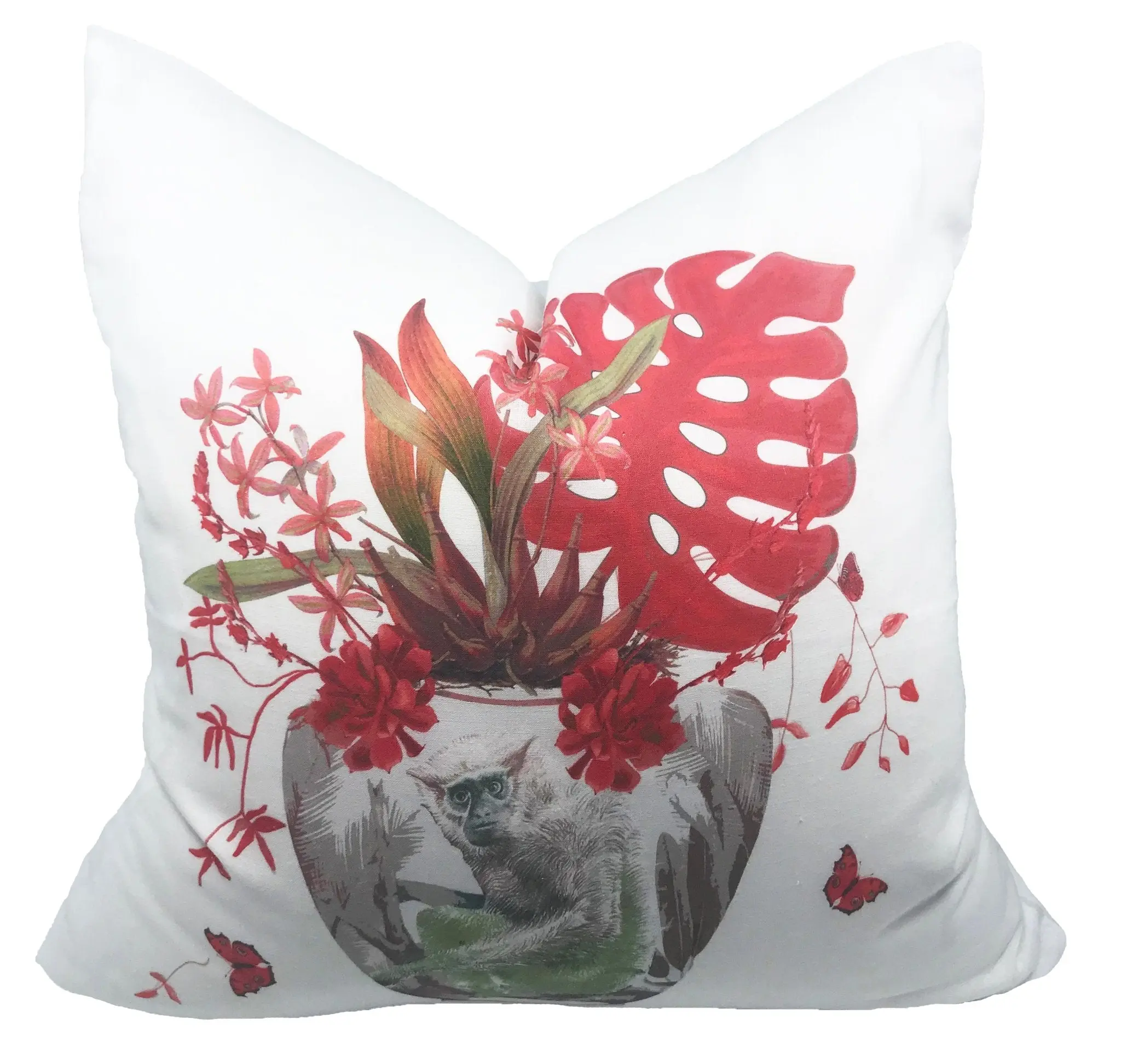 Monkey Jungle Rouge Linen Cotton 22x22 Square Pillow