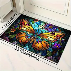 1pc 2D Stained Butterfly Flower Floor Mat Multi Size Anti Slip Absorbent Ultra Fine Fiber Washable Entrance Mat for Laundry Room Bedroom Doorway