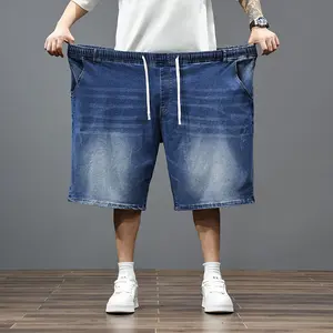 Denim Blue Plus Size Men Denim Shorts, Elastic Drawstring Waist, 4XL-9XL