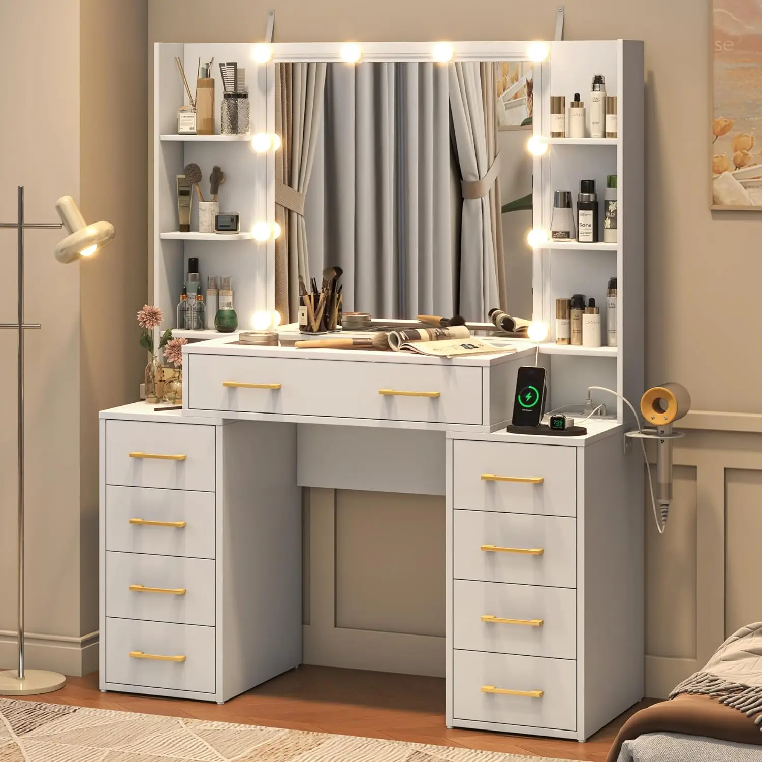 Glass Top Vanity Desk with Mirror & Lights, Large Vanity Makeup Mirror Desk with Charging Station & Compartment Storage Drawers, Modern Makeup Vanity