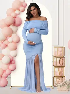 Maternity Off Shoulder Split Hem Dress, Solid Color Long Sleeve Maternity Dress for Baby Shower Party, Maternity Clothes for Summer, Prenatal Maternity Clothing