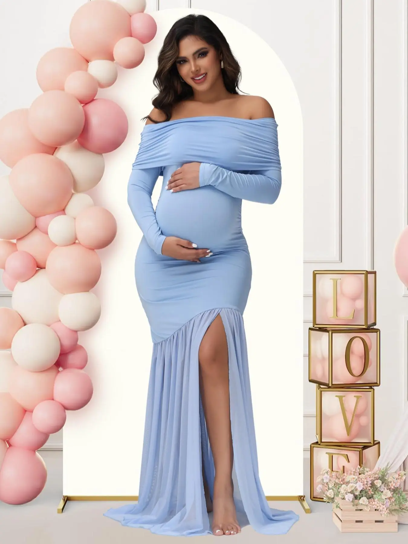 Maternity Off Shoulder Split Hem Dress, Solid Color Long Sleeve Maternity Dress for Baby Shower Party, Maternity Clothes for Summer
