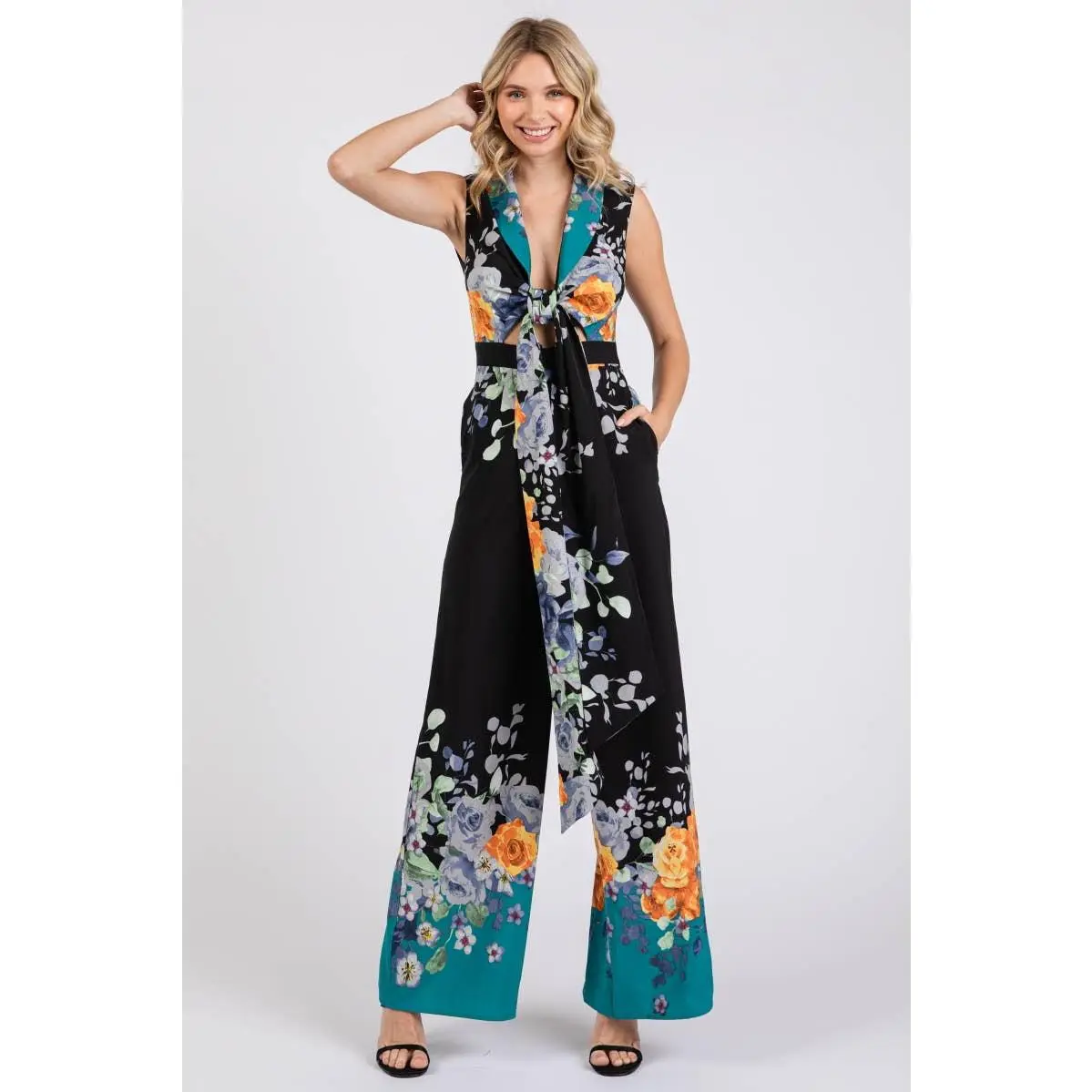Black and Teal with Floral Print Tie Front Jumpsuit