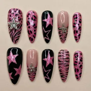 Hot Pink Leopard Press On Nails: Glitter Star Tiger Stripe Reusable Y2K Nails