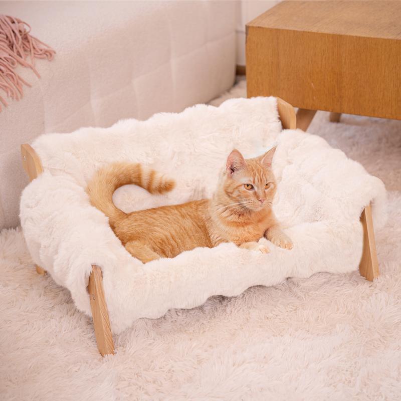 Elevated Pet Couch Bed, Solid Wood Sofa for Cat and Small Dog , Removable Washable Fluffy Cover Raised, Kitty Lounge Chair Suitable for Puppy for Indoor