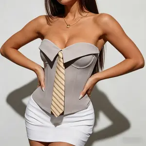 Office Siren Preppy Strapless Corset Top Women Boned Bustier Tube Top with Neck Tie Detail Sexy Going Out Outfit