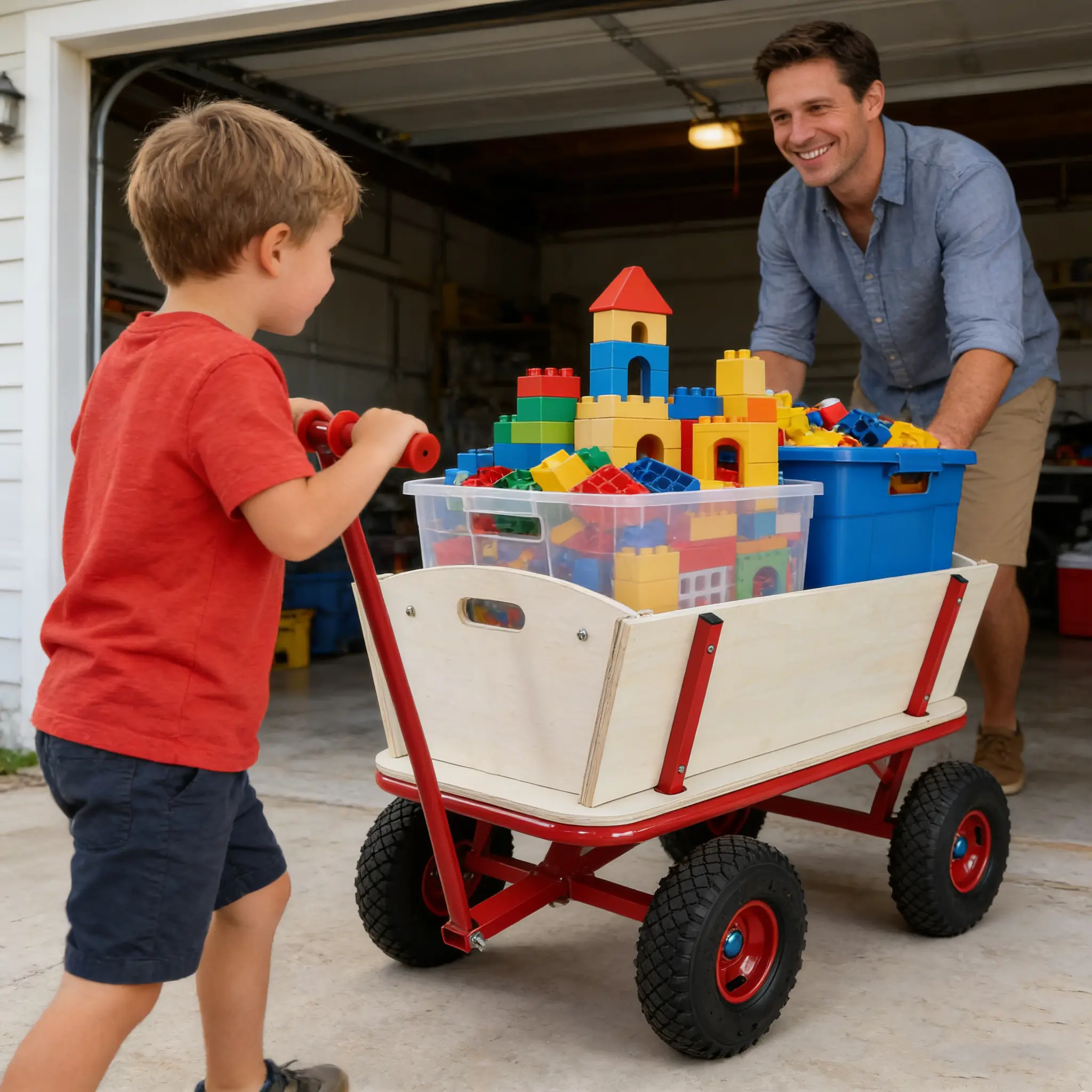 Eco-Friendly Wooden 4-Wheel Kids Outdoor Play Wagon Cart, 260 LBS Heavy Load Children’s Stroller for Backyard, Camping